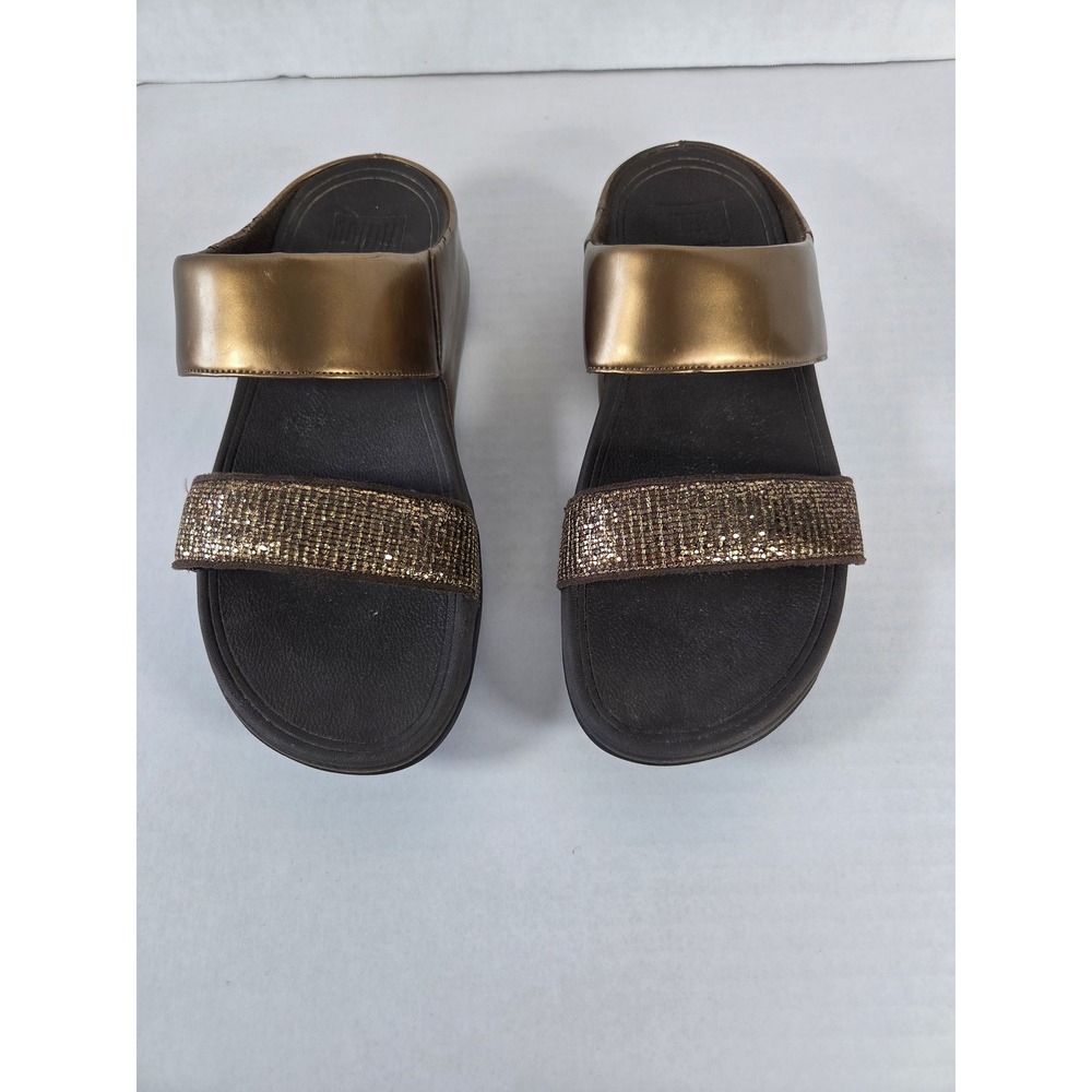 FitFlop Lulu Shimmerlux Bronze Gold Glitter Slide Sandals Womens 7